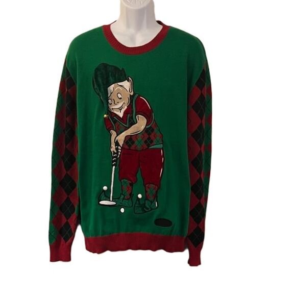 Ugly Christmas Sweater Other - Ugly Christmas Sweater Golfing Elf XXL Red Green 3D Argyle Bell Putt Bell